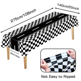 Piokio 2 Pack Black and White Checkered Road Tablecloths Race Car Theme Party Tablecloths, Disposable Plastic Tablecloth for Boys Birthday, 55" x 108"