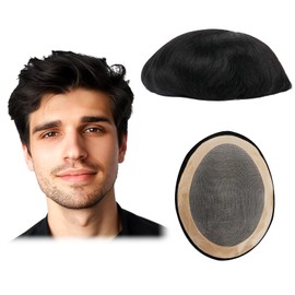 EMEDA Toupee Hair For Men, Hair System For Men, Mens Toupee Real Human Hair, Fine Mono Hair Pieces For Men, Hair Prosthesis (6x9#1 Jet Black)