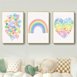 AQCQDQ Set of 3 Colourful Posters for Children's Room, Rainbow Love Watercolour Wall Pictures Living Room Bedroom, Wall Collages, Aesthetic Decorative Poster Set, Abstract Canvas Pictures, Without