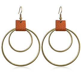 JIMARIN Handmade Bohemian Vintage Copper Hollow Double Round Circle Geometry Dangle Drop Earrings with PU Leather for Women (Bronze)