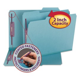 Smead Pressboard Fastener File Folder with SafeSHIELD Fasteners, 2 Fasteners, 1/3-Cut Tab, 2" Expansion, Letter Size, Blue, 25 per Box (14937)