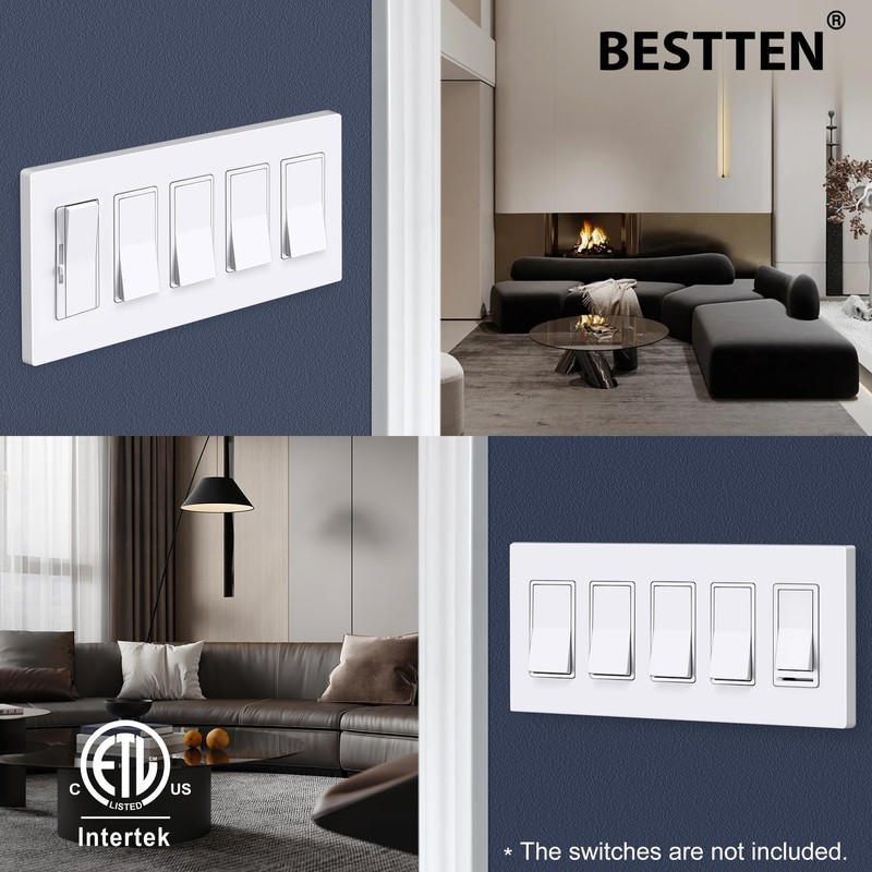 BESTTEN 5-Gang Screwless Wall Plate, Decorator Outlet Cover, Decorative Switch