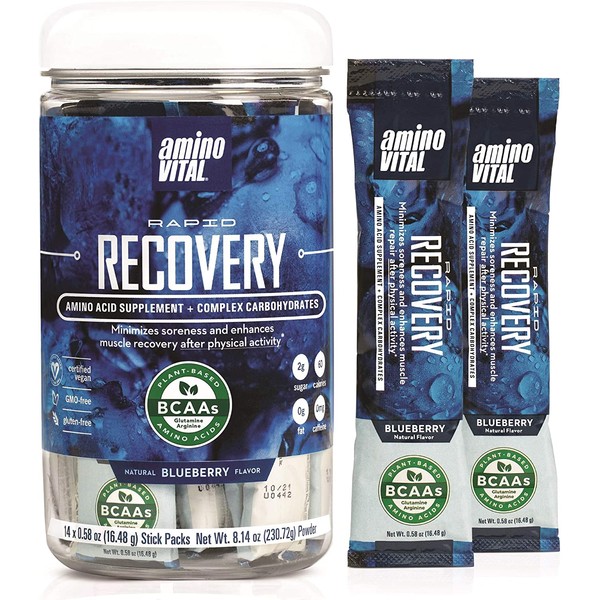 Amino VITAL Rapid Recovery- BCAAs Amino Acid Post Workout Powder Packets | Muscle Recovery Drink with Glutamine | Vegan, Gluten Free Supplement | 14 Single Serve BCAA Travel Packets | Blueberry Flavor