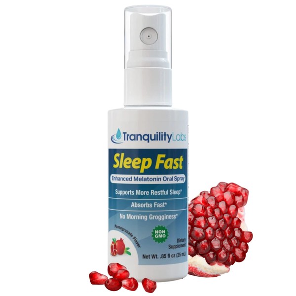 Tranquility Labs Sleep Fast - Oral Melatonin Spray for Sleep - 32 Doses - Enhanced with Valerian Root, Lemon Balm, Chamomile, B6 Calming Blend, Pomegranate Flavor (25ml)