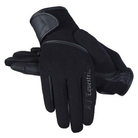 AFE Ladies Horse Riding Gloves Track Fabric Gloves Synthetic Leather Equestrian Black Stretch Fabric Pink Purple Lilac (Black Finger Print, Medium)