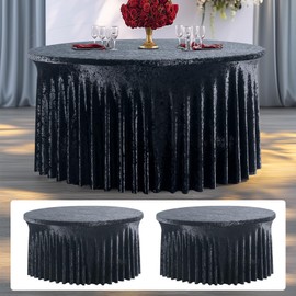 NSSONBEN 2 Pack Black Velvet Round Tablecloth 60 inch, Thick Shiny Velour Stretch Fitted 5ft Round Tablecloths 120 inch, Wrinkle Free Spandex Table Covers with Skirt for Wedding Party Dining Banquet