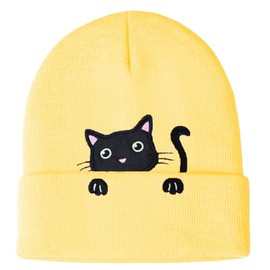 Cat Beanie for Cute Cat Lover Gifts Animal Knitted Hats Anime Hat for Women Girls (Acrylic, Yellow)