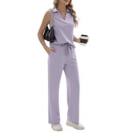 FUNYYZO Women 2 Piece Outfits Lounge Sets Casual Sleeveless Summer V-Neck Dressy Collared Tracksuit Lounge