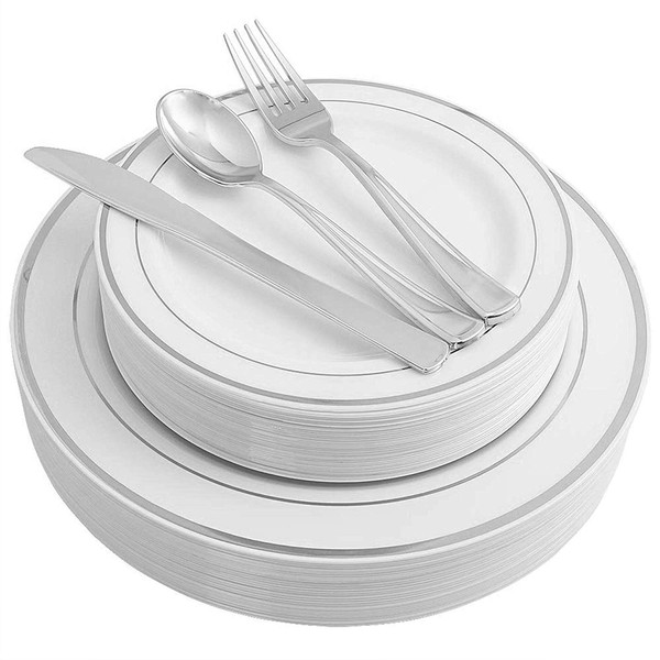 750 Pieces Plastic China Plate Silverware Combo for 150 people WHITE with SILVER Reflection Masterpiece Like