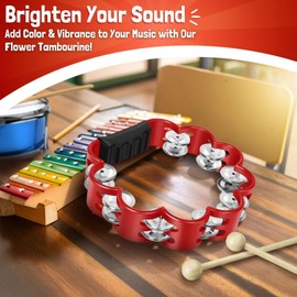 Flexzion Flower Tambourine - 8 Inch Handheld Percussion Instrument w/Metal Jingles & Ergonomic Grip - Small Tambourines for Adults, Kids, Church, Parties, & Musical Events (Red)