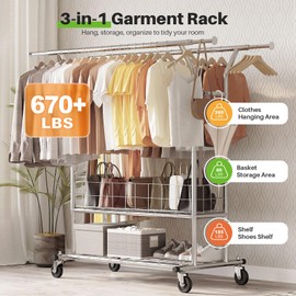 HOKEEPER Heavy Duty Clothes Rack Load 625 LBS, Clothing Rack for Hanging Clothes Adjustable Rolling Garment Rack with Wheels for Bedroom, Living Room (Double Rod with Metal Basket)