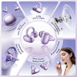 HHOGene TALIX X6 Clip-On Earbuds, Wireless Open Ear Earbuds Headphones, 4.8g Ultra-Light, Smart Touch Control, 40H Playtime, Immersive Sound, Secure Fit for Workouts and Daily Use (Purple)