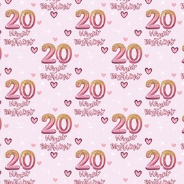 RUSPEPA 20th Girls Wrapping Paper Birthday, Hearts and Pink Number 20 Balloons Happy Birthday Design, 20 Years Old, Mini Roll, 17 Inches x 16.4 Feet, Perfect for Girls' Birthday Party Gifts