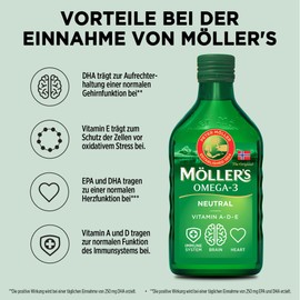 Möller's Omega 3 Cod Liver Oil, Omega 3 Dietary Supplement with EPA, DHA, Vit A, D and E, High Purity Natural Cod Liver Oil, 165 Year Old Brand, Superior Taste Award, Neutral Taste, 250 ml
