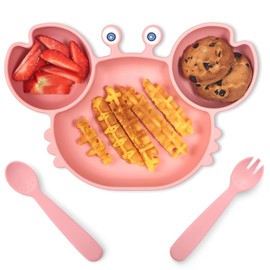 U Chef Platos de Silicona para Bebé, Platos de Silicona con Succión Dividida, Juego de Cubiertos para bebé y niños pequeños, Platos y Utensilios para niños (Rosa)