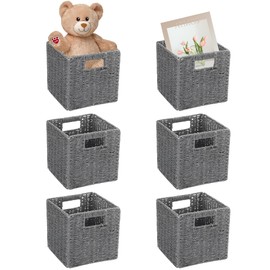 Ukontagood 6 Pack 8.7 Inch Wicker Baskets, Hand Woven Paper Rope Storage Baskets, Foldable Cube Storage Bins Organizer Square Wicker Cubes for Shelves Pantry Organizing & Decor (Gray)