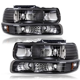 SOCKIR Headlight Assembly Compatible with 1999-2002 Chevy Silverado / 2000-2006 Chevy Tahoe Suburban Replacement with Bumper Lights 4pcs, Black Housing with Amber Reflector