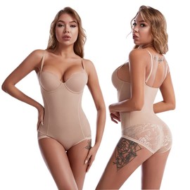 QKEPCY Shapewear Women's Tummy Control Body Shaper Figure Shaping Body Lace Bodice Body Strong Shaping Seamless Shaping Bodysuit with Push Up Underwire Bra Waist Shaper Fajas Colombianas, beige