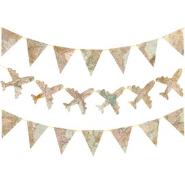 Travel Theme Party Decorations Going Away Farewell Party Pennant Banners Vintage Bon Voyage Map Triangle Flag Plane Banner for Travel Around The World Party Let The Adventrue Begin Party Supplies