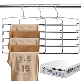 Hanger Central 3 Pack Space Saving Swing Arm Pants Hangers – 5 Tier Stainless Steel Multi-Layer Closet Organizer for Jeans, Slacks, Trousers, Skirts – Non Slip Hangers for Clothes, Black