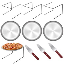 9 Pieces Pizza Pan Riser Stands Sets with 3 Metal Pizza Table Stands 3 Pizza Pans and 3 Wood Handle Pie Server Pizza Serving Tray Display Stands for Pizza Party Dessert Cheese Baking (9 PCS)