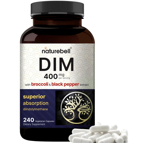 NatureBell DIM 400mg as Diindolylmethane, 240 Veggie Capsules | with Broccoli & Black Pepper for Max Absorption – Hormonal* and Estrogen* Supplements, Menopause Support – No GMOs, No Soy, Vegan