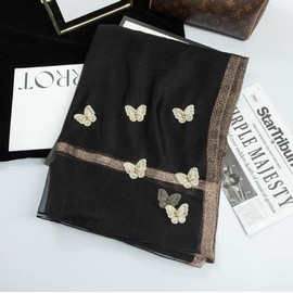 HURESON Women Mulberry Silk Scarf Lightweight Embroidered Butterfly Scarves Navy Shawl Wraps Beach Gauze Scarfs for All Seasons (blue)