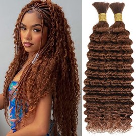 Human Braiding Hair for Boho Braids 100g 24 Inch Auburn Brown Curly Boho Hair for Braiding Knotless 12A Deep Wave Bulk Bohemian 2 Bundles/Pack Color 30