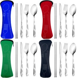 lengnoyp 20PCS Premium Travel Utensils With Case, Stainless Steel Reusable Portable Utensils Set With Case, Travel Silverware Set With Case for Lunch Box Camping, Silver, flatware002