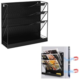 WOMACO Magnetic File Organizer, 4 Tier Large File Folder Holder for File Cabinet, Heavy Duth Magnet Wall Paper Mail Holder for Home Office Whiteboard (4-Tier Black)