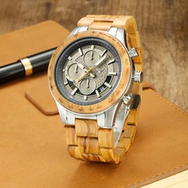 VICVS Men's Wood and Stainless Steel Watches, Chronograph 3 Dials Chronograph Quartz Casual Business Multifunctional Men's Wood Watches, Handmade (Olive Metal)