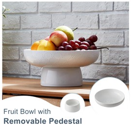 ONEMORE Ceramic Fruit Bowl, 10" Large White Fruit Bowl for Kitchen Counter with Draining Holes & Removable Pedestal, Modern Footed Fruit Bowls, Pedestal Decorative Bowl for Vegetables, Snacks, Keys