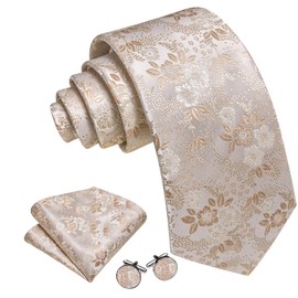 Barry.Wang Champagne Tie for Men Floral Silk Necktie Pocket Square Cufflinks Set Formal Business Wedding Party Prom
