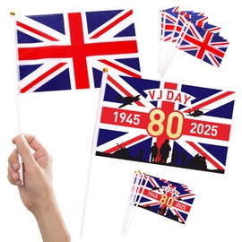 10pcs VJ DAY Flags on Sticks for 80th Anniversary Decorations, 14x21cm Hand Held VJ DAY Small Flag Mini Union Jack Flags for WW2 80 Years Victory In Japan 1945-2025 Decoration