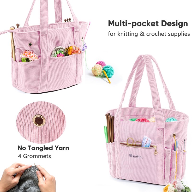 MYBAGZING Corduroy Crochet Bag 11.5" Large Yarn Storage Tote with