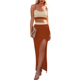 Cutiefox Summer 2 Piece Skirt Sets for Women Knit Sleeveless Crop Top Side Slit Skirt Sweater Dress Set Outfit Coffee Colorblock M