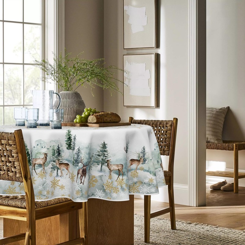 Artoid Mode Gold Snowflakes Trees Deer Christmas Table Cloth, Round