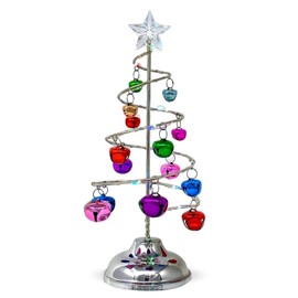 Light Up Tabletop Spiral Bright Colored Jingle Bell Christmas Tree - Battery Operated Silver Table Top Tree with Multi Color Changing Lights - Home Wedding Holiday Decor -Approx 10.25" Tall