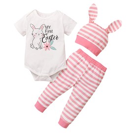 My 1st Easter Outfit Infant Baby Boy Girl Short Sleeve Bunny Romper and Pants Hat 3PCS Clothes Set (Pink Stripes, 0-3 Months)