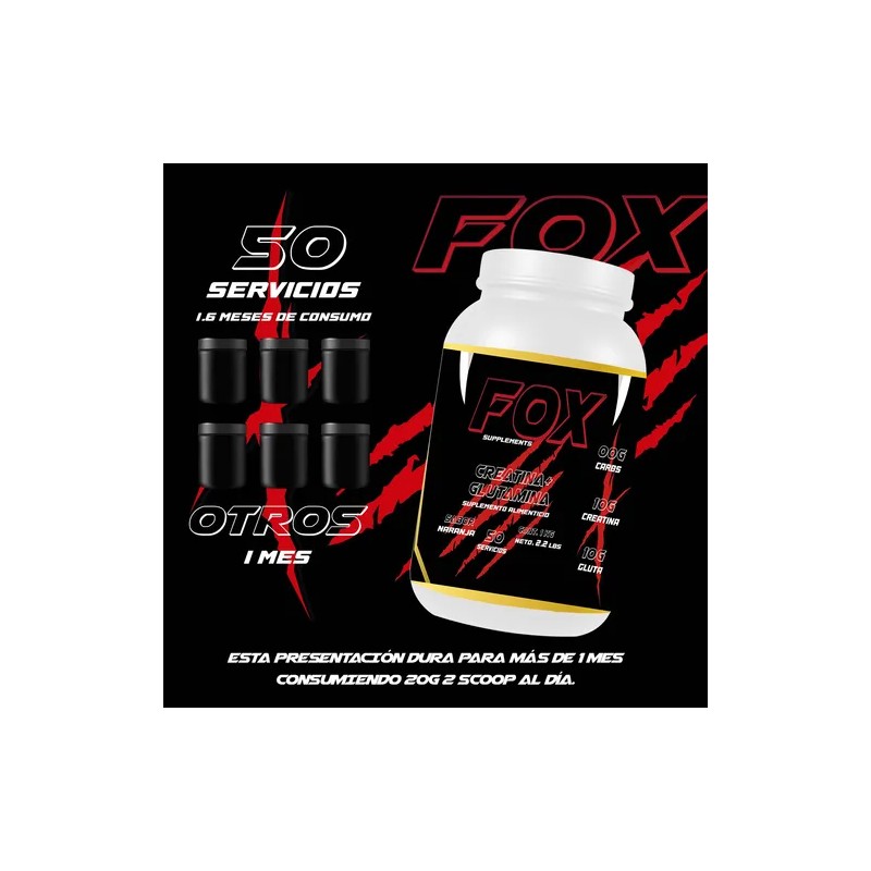 Suplemento Creatina + Glutamina Pre Fox 1kg 50 Servicios