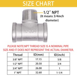 S SYDIEN Tee Pipe Fittings, 304 Stainless Steel Tee 1/2" Female x 1/2" Male x 1/2" Female NPT Thread Adapter T Shaped 3 Way Cast Pipe Fitting, Male Branch Tees, 2 Pack