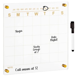 mDesign Modern Acrylic Calendar for Wall with Dry Erase Marker - Wall Mount Monthly Planner Board for Home, Office, Kitchen - 11.81" Square - Clear/Gold Print with Gold Finish Mounting Hardware