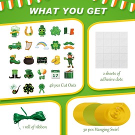 81pcs St Patrick's Day Decoration Set Hanging Swirls Ornament Irish Glitter Cutouts Clover Leaf Goblin Horseshoe Blankets Foils Spiral Streamers for Party Decoration Supplies