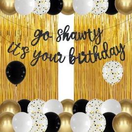 Go Shawty It's Your Birthday Decoration Set, Glitter Birthday Banner with Black Gold Confetti Balloons, Backdrop Tinsel Foil Fringe Backdrop for Hip Hop Rap Theme Women Girl Bday Party (Gold)