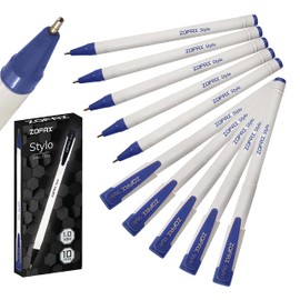 ZOFAX Stylo Ballpoint Pens, BLUE, Medium Point (1.0mm), Pack of 10, Triangular Comfort Grip, Smooth Writing, Perfect for Office School Home Business Use