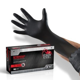 Venom Steel - Guantes de nitrilo negro XXL, 6 mil, sin látex, guantes desechables resistentes a los químicos, agarre texturizado, protección resistente de dos capas, 100 unidades
