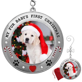 Puppy's First Christmas - 2024 Picture Ornament for Your Fur Baby - Paw Prints Hearts Dog Bone and Candy Cane Design - New Puppy 1st Annual Xmas Holiday Keepsake - Gift/Storage Bag Included