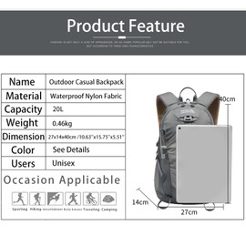 POWER KING Hiking Backpack 20L Foldable Travel Rucksack for Women Men Small Lightweight Packable Outdoor Daypack for Student, Fit for 14 inch Laptop (grey)