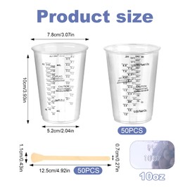 TAIHOBO 50PCS Plastic Measuring Cups 240ml, Paint Mixing Cups with 50 Wooden Sticks, Transparent Small Measuring Cup, Epoxy Resin Accessories with Graduated for Liquids Paints Pigments Cooking