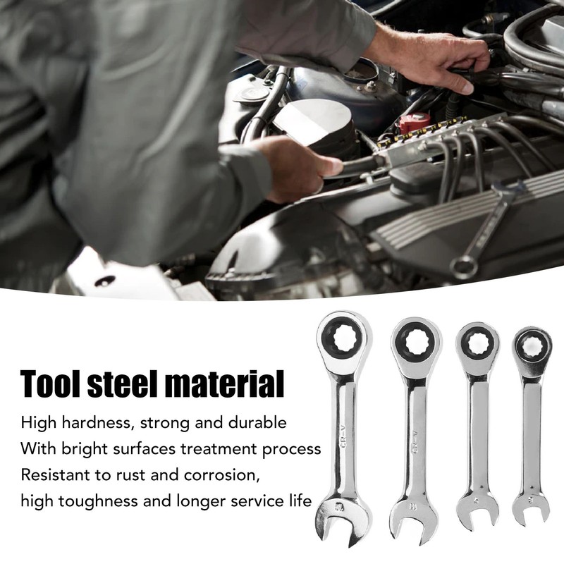 4pcs Short Ratcheting Wrench Set 72 Tooth 8mm 9mm 11mm